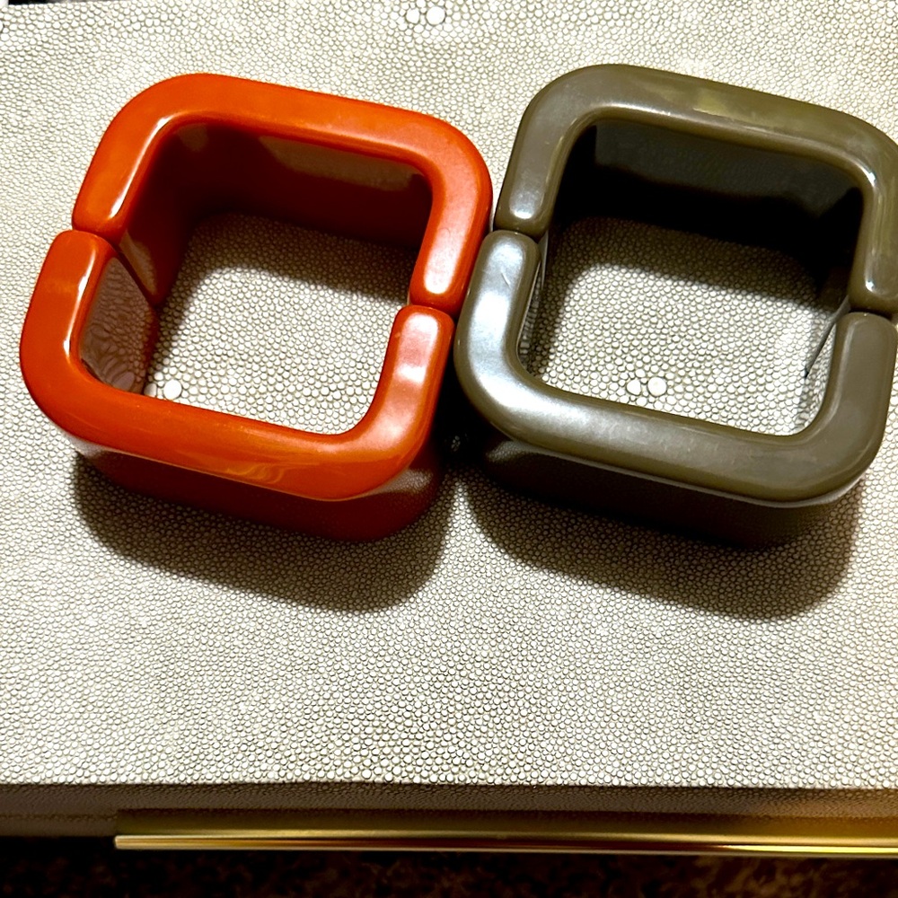 Modern Square Magnetic bracelets in orange and moss green.